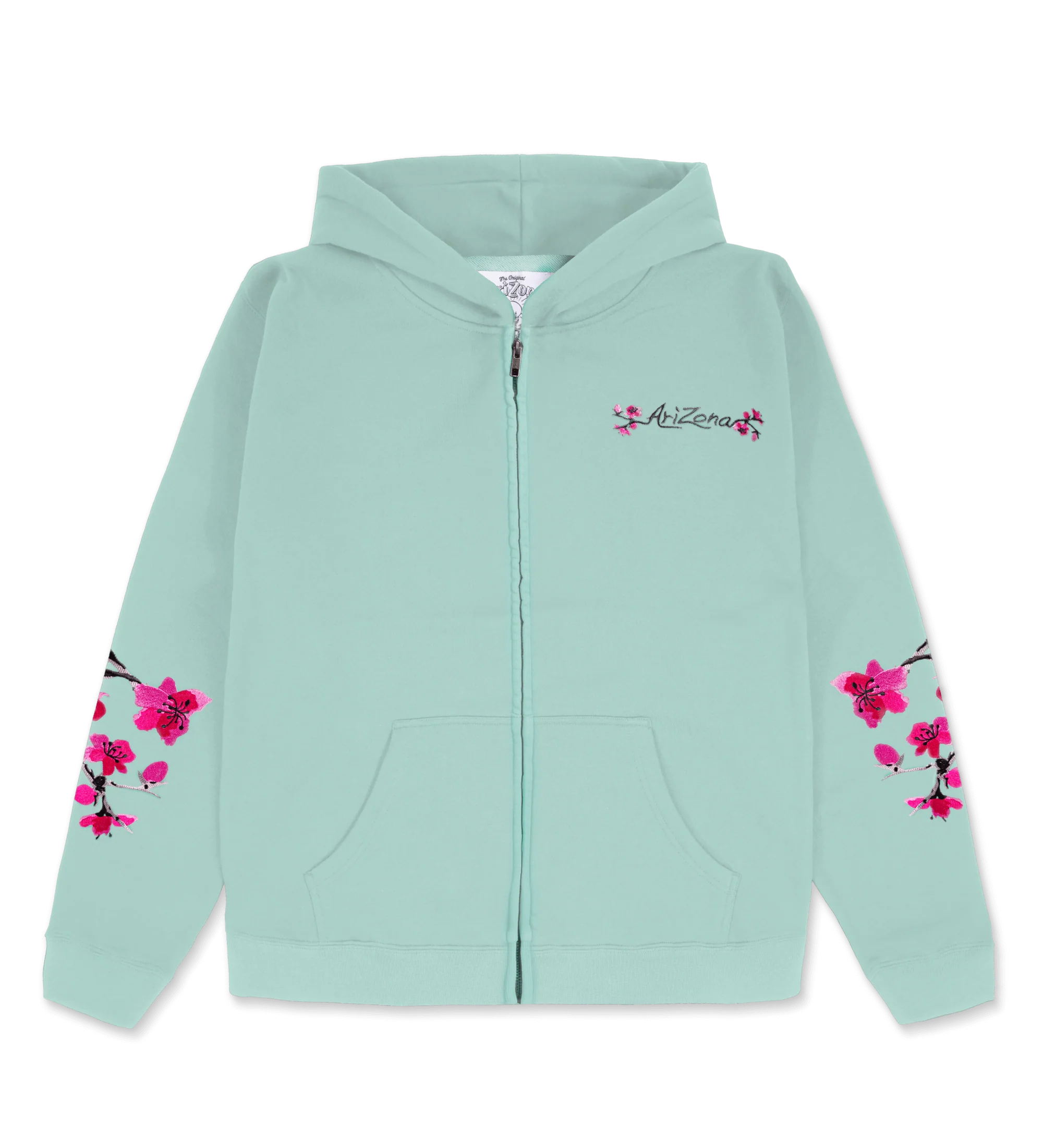 Teal Cherry Blossom-Embroidered Cotton Zip Hoodie