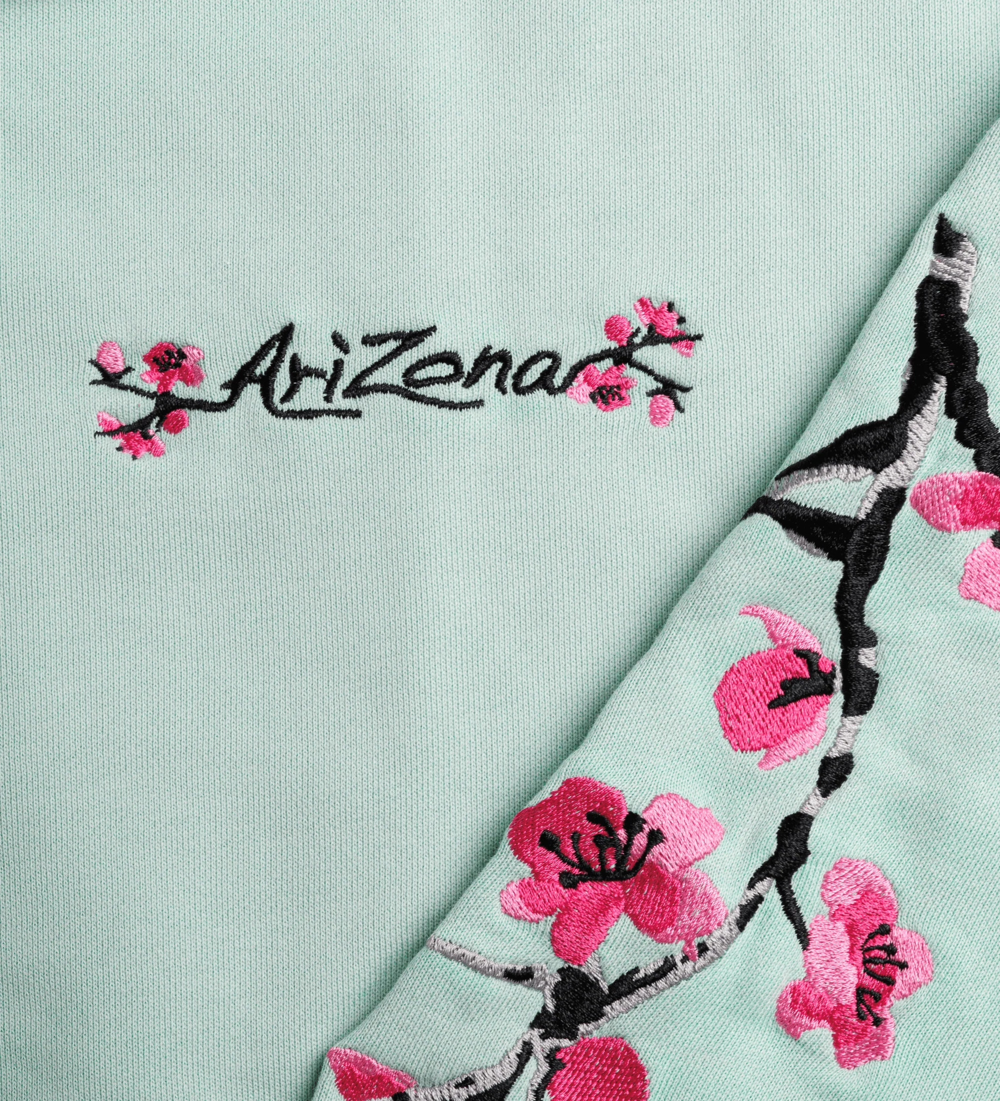 Teal Cherry Blossom-Embroidered Cotton Zip Hoodie