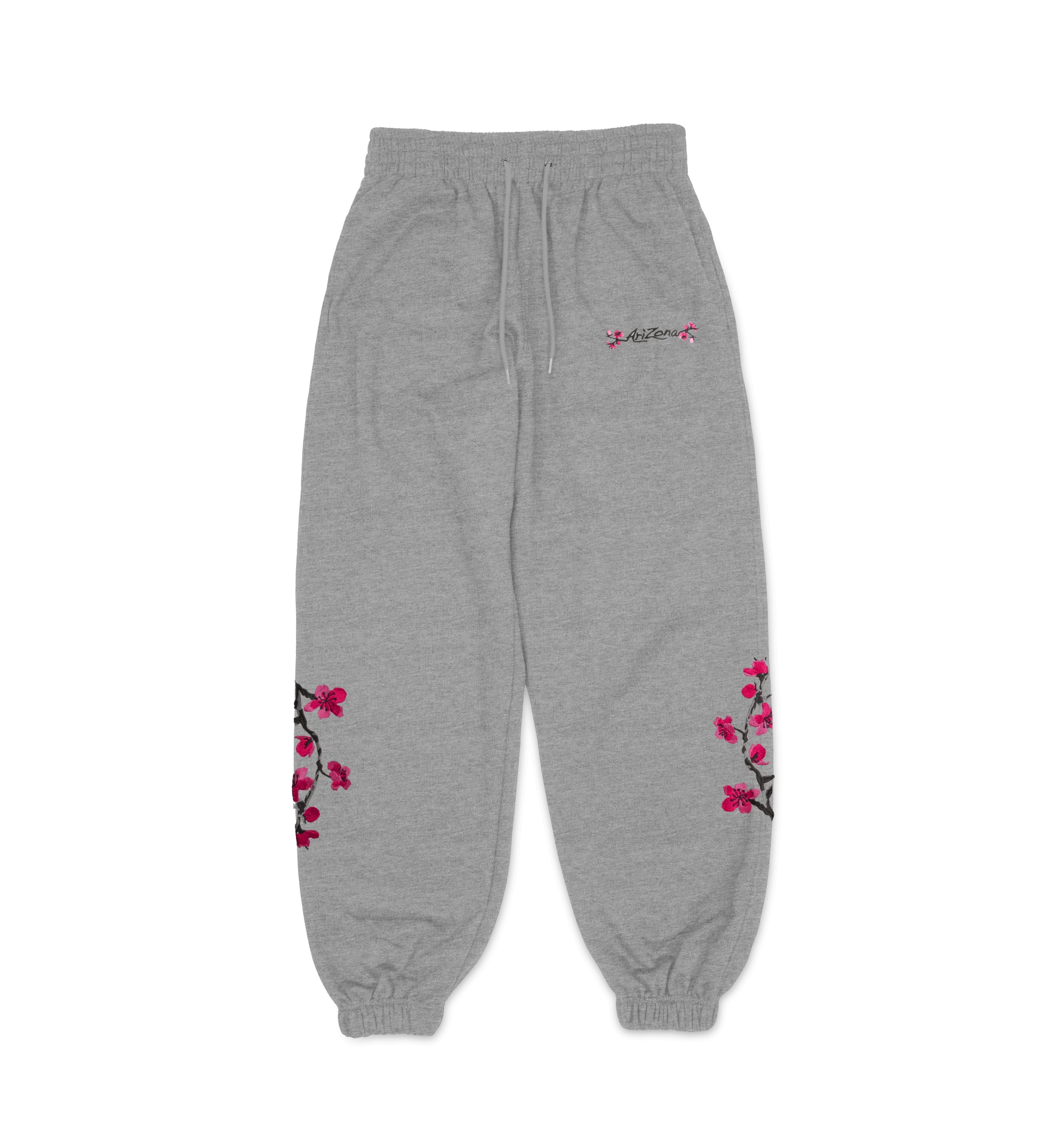 Gray Cherry Blossom-Embroidered Cotton Sweatpants