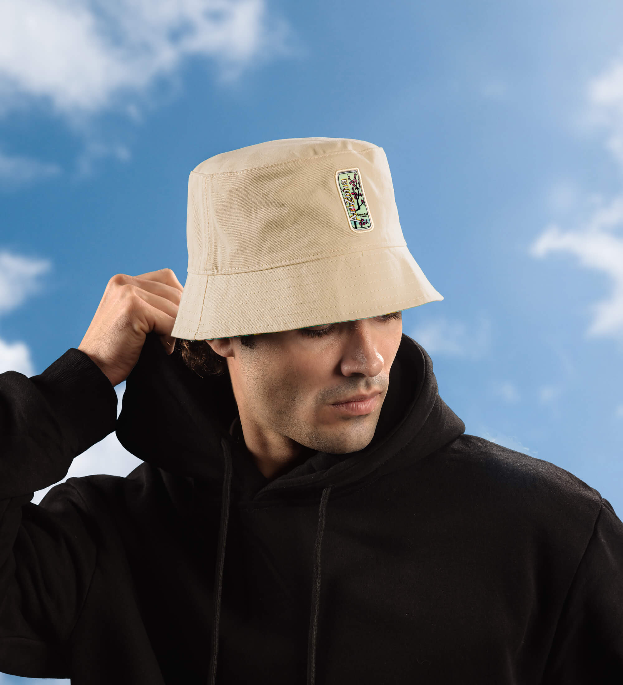 969-beige-teal-green-tea-can-smiley-reversible-bucket-hat-3.jpg Beige & Teal Green Tea Can Smiley Reversible Bucket Hat